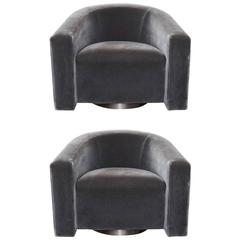 Donghia Barrel-Backed Swivel Chairs in Charcoal Grey Mohair