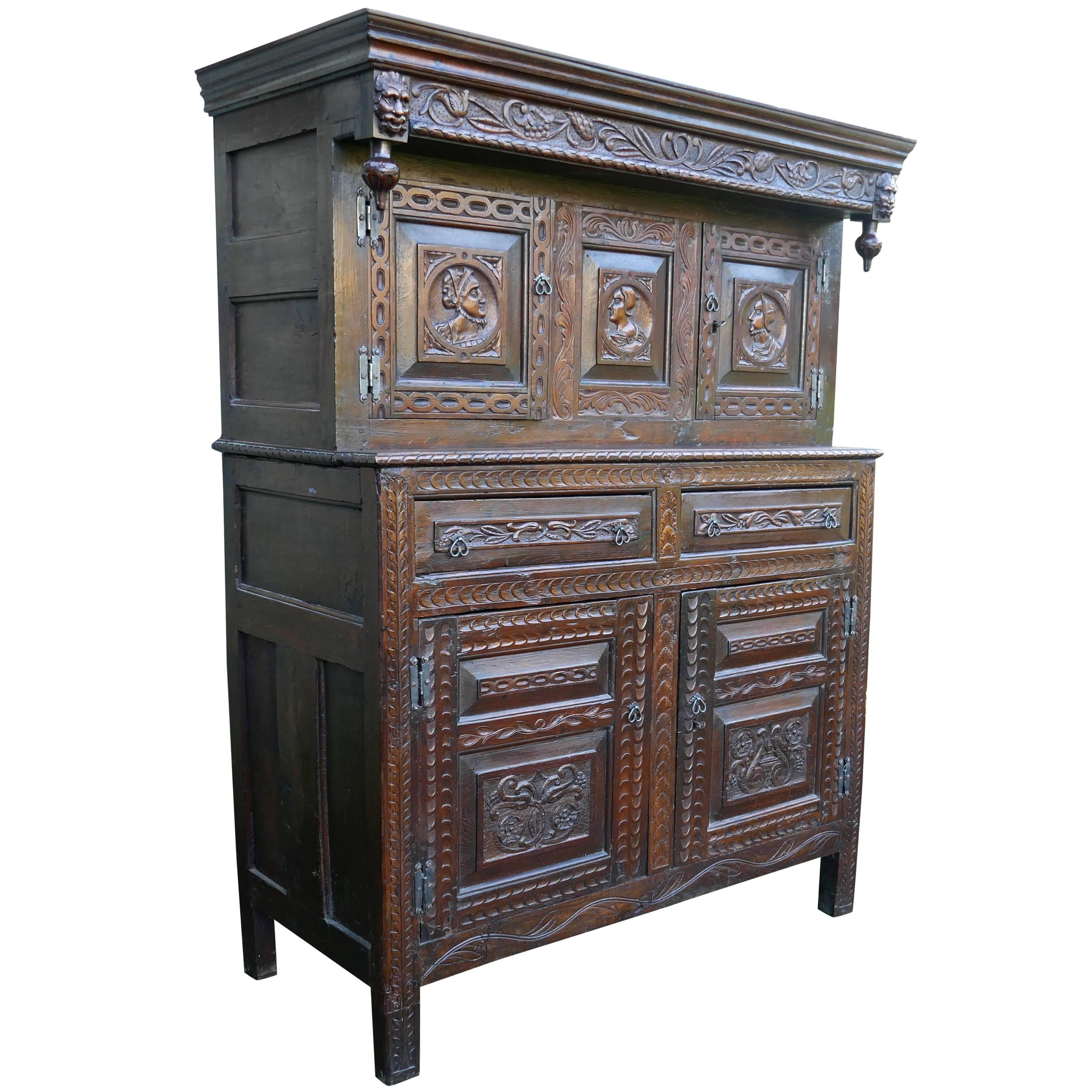17th Century Carved Oak Court Cupboard, Cottage Livery Cupboard