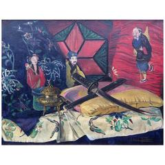 Louis Tuaux Oil Painting on Canvas, Chinese Characters, French, circa 1950