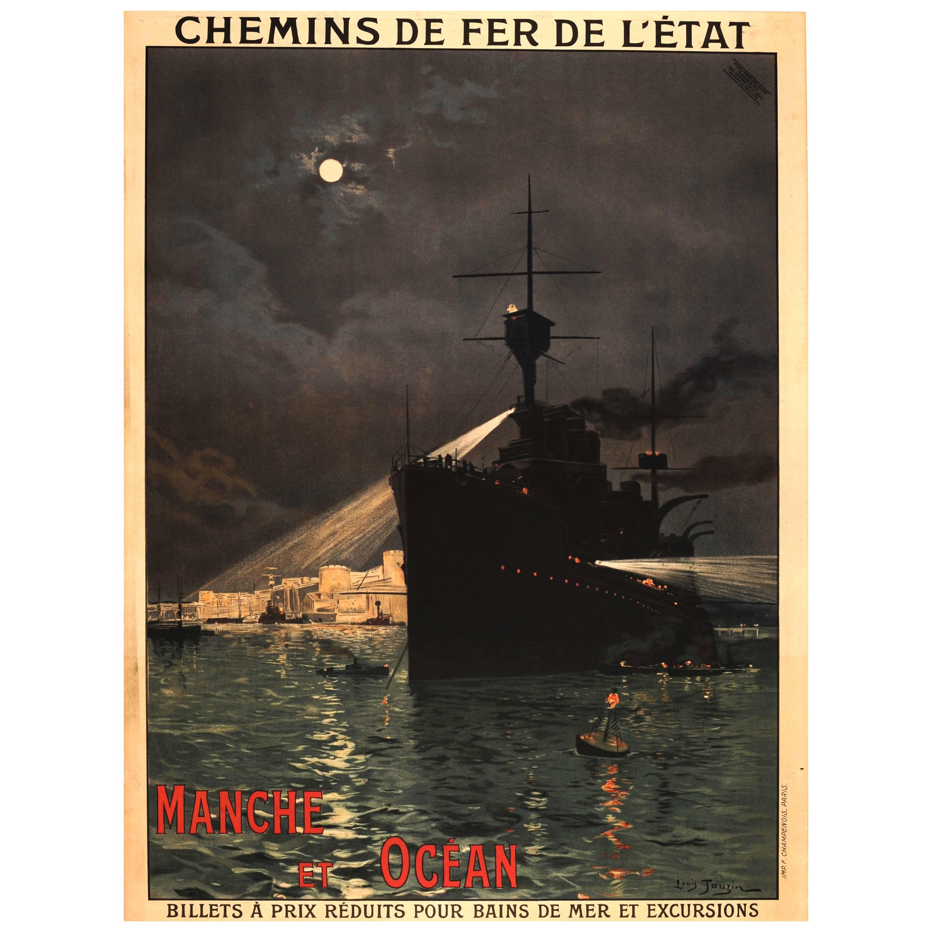 Original Antique Railway Poster Advertising Channel & Sea Trips: Manche Et Ocean