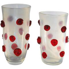 Alberto Donà, Two Vases, Clear Deep Iridescence and Solid Red Rosettes Glass