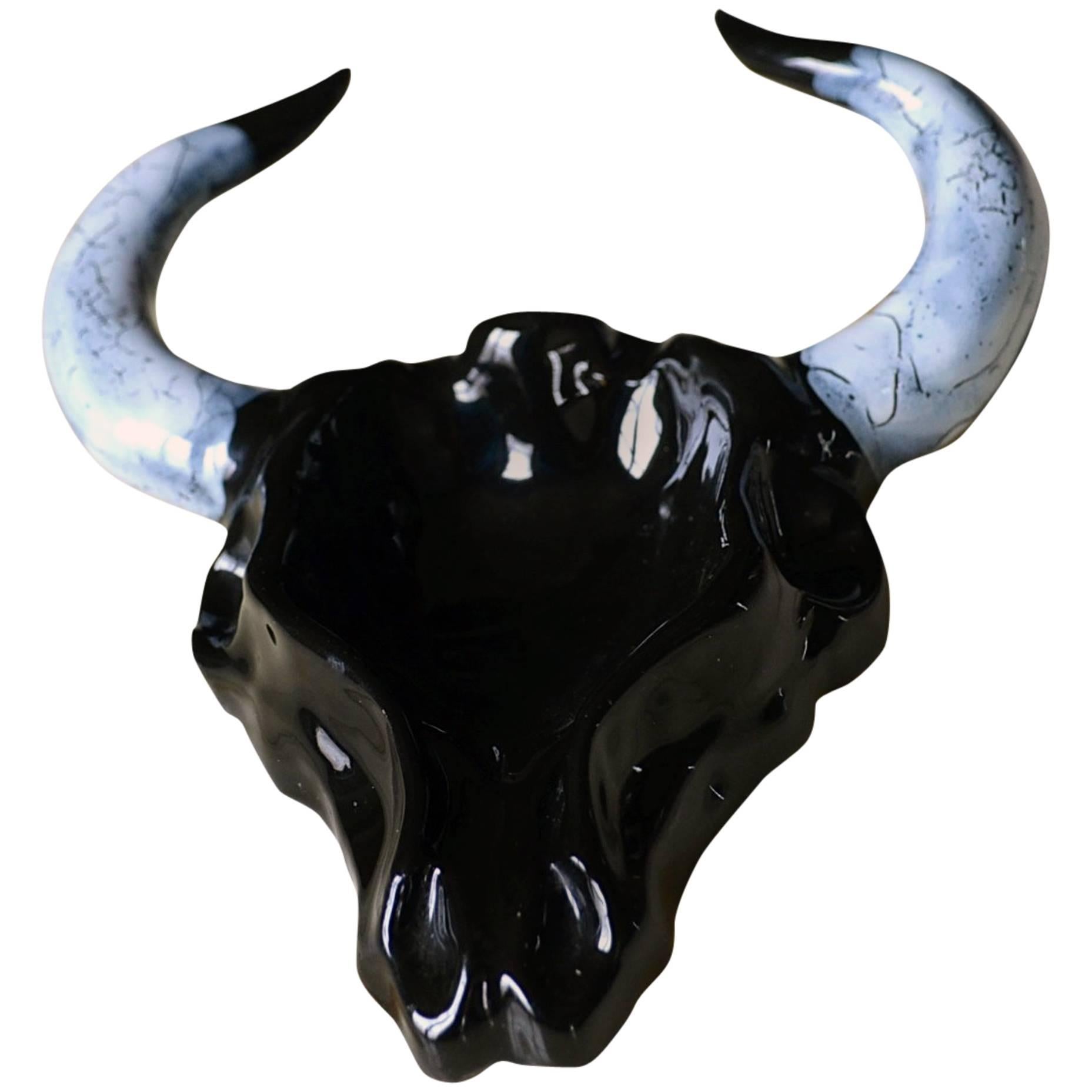 Bull Head in Enamelled Terracotta Signed by Paul Artus For Sale