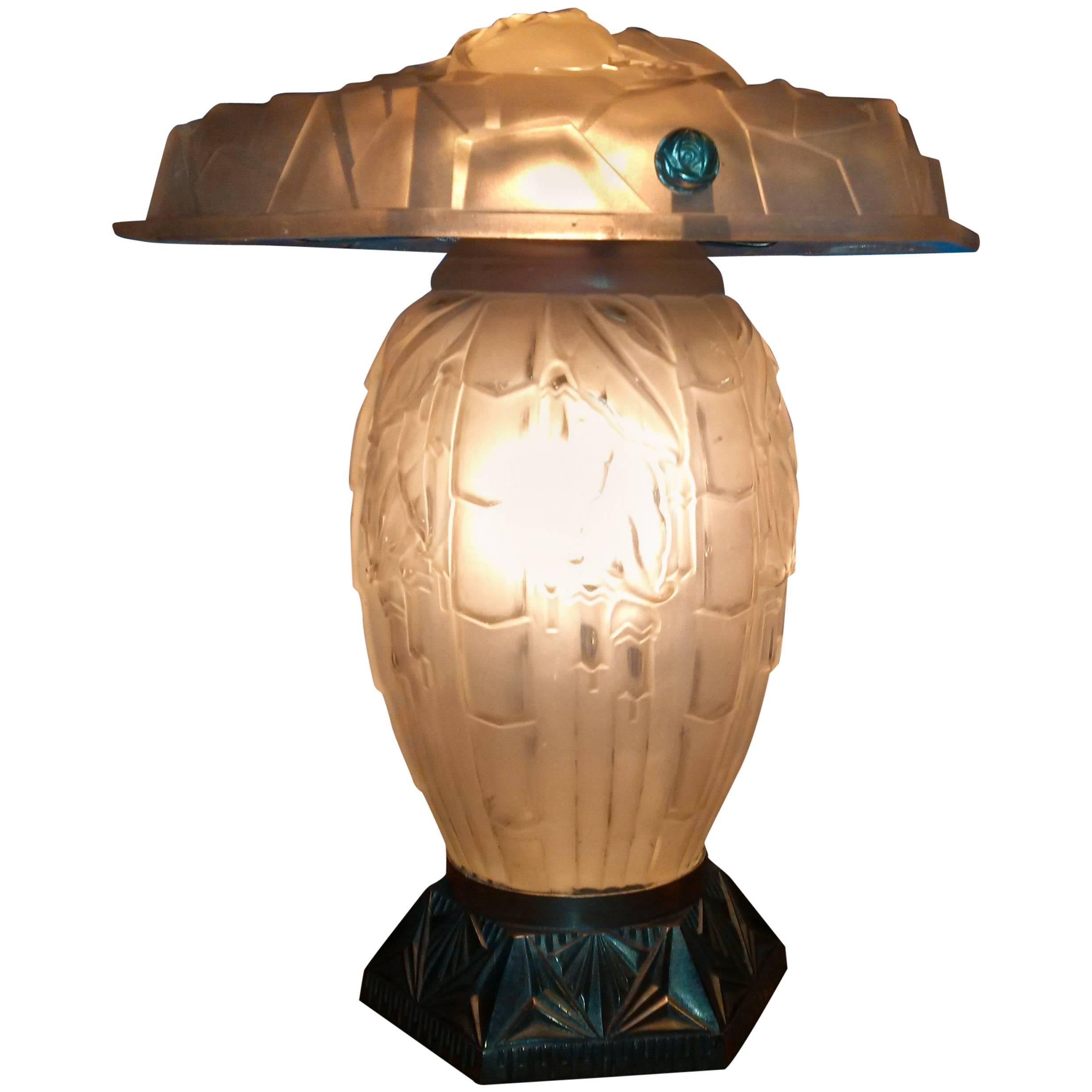 Stunning Art Deco White Table Lamp with Bronze Base Signed by Degué, France