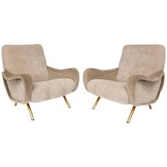 Zanuso Arflex Pair of Lady Chairs in Grey Beige Velvet Mid-Century, Italy, 1950s