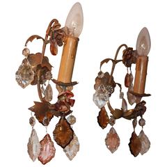 Pair of Wall Sconces with Multicolor Crystal Leafs, Italy, 1930s 11