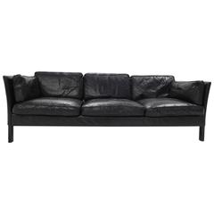 Danish Black Leather Three-Seat Sofa Mogensen Style Midcentury, 1960s