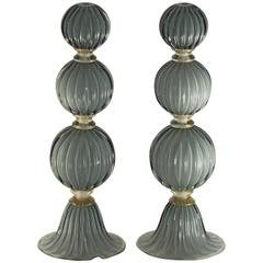 Alberto Donà Pair of Table Lamps, Rigadin Spheres, Gray over Lattimo, Gold Necks 3