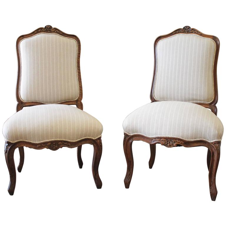 19th Century Pair of Walnut Carved Side Chairs Upholstered in Stripe ...