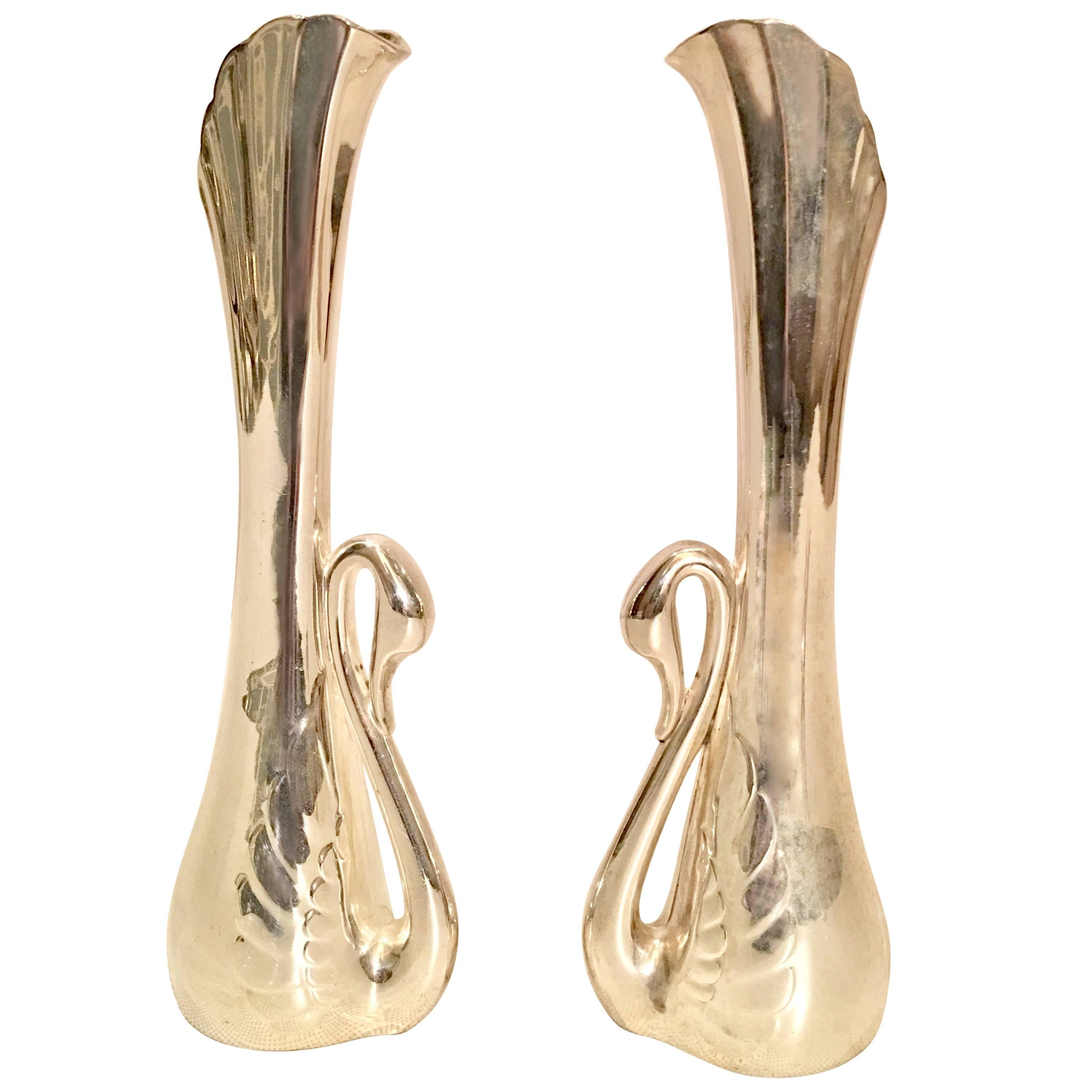 Pair of Art Nouveau Silver Plate Swan Bud Vases