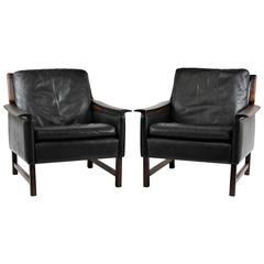 Pair of Black Leather Minerva Club Chairs by Torbjørn Afdal for Bruksbo, 1960s