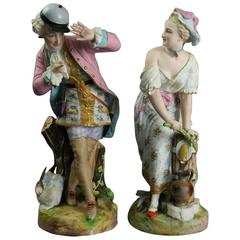 Antique Pair of English Bisque Chelsea Figurines, Lady & Gentleman, circa 1860