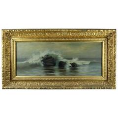 Antique Seascape Oil on Canvas Painting in Original Gilt Frame by A. Morton 1890
