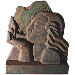 "Woman with Dove" Stunning Art Deco Sculpture, Terra Cotta and Glass 1
