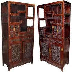 Antique Pair of Carved Chinese Rosewood Etageres or Collectors Cabinets