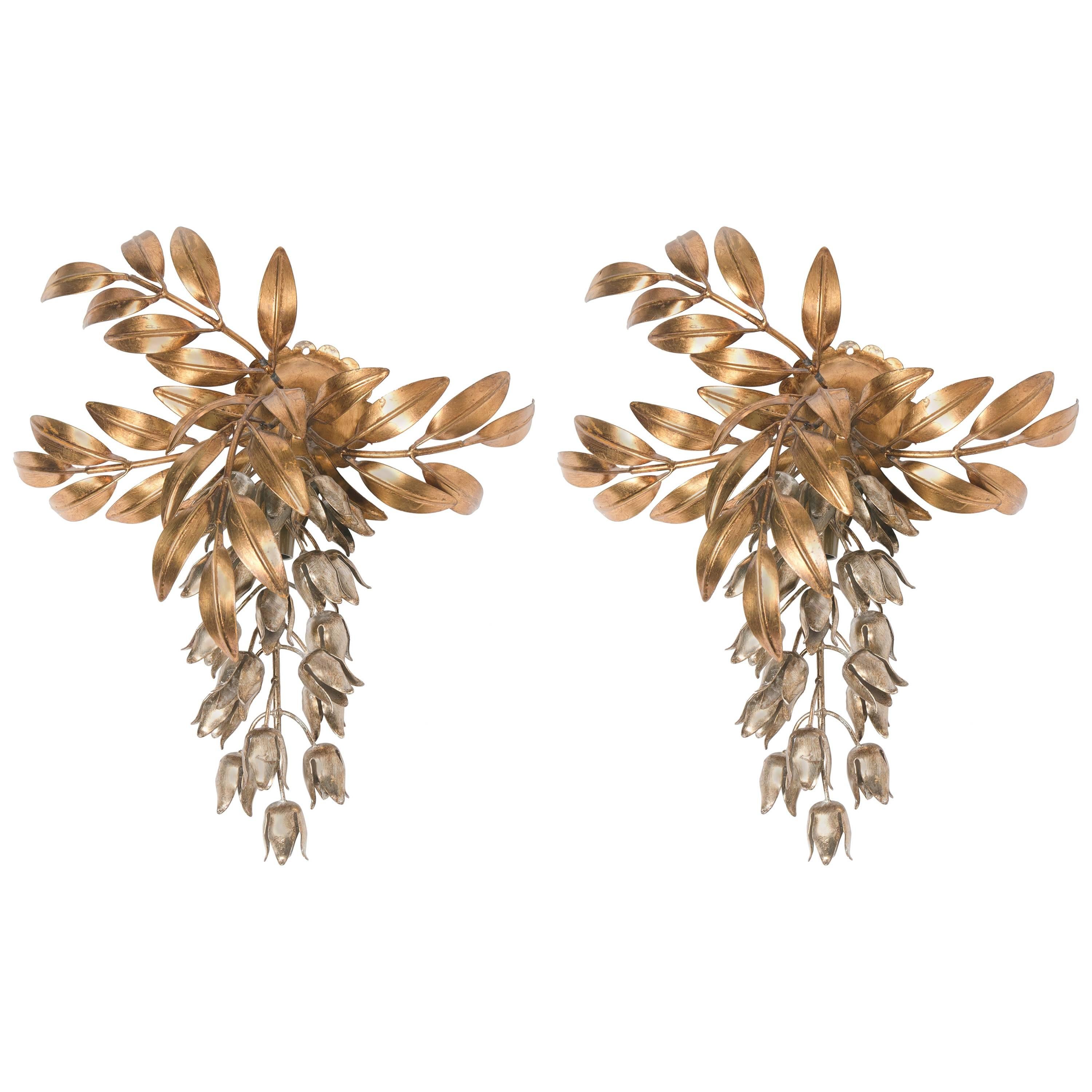 Pair of Hans Kögl Gilt Metal Palm Tree Wall Sconces, 1960s in Maison Jansen Styl