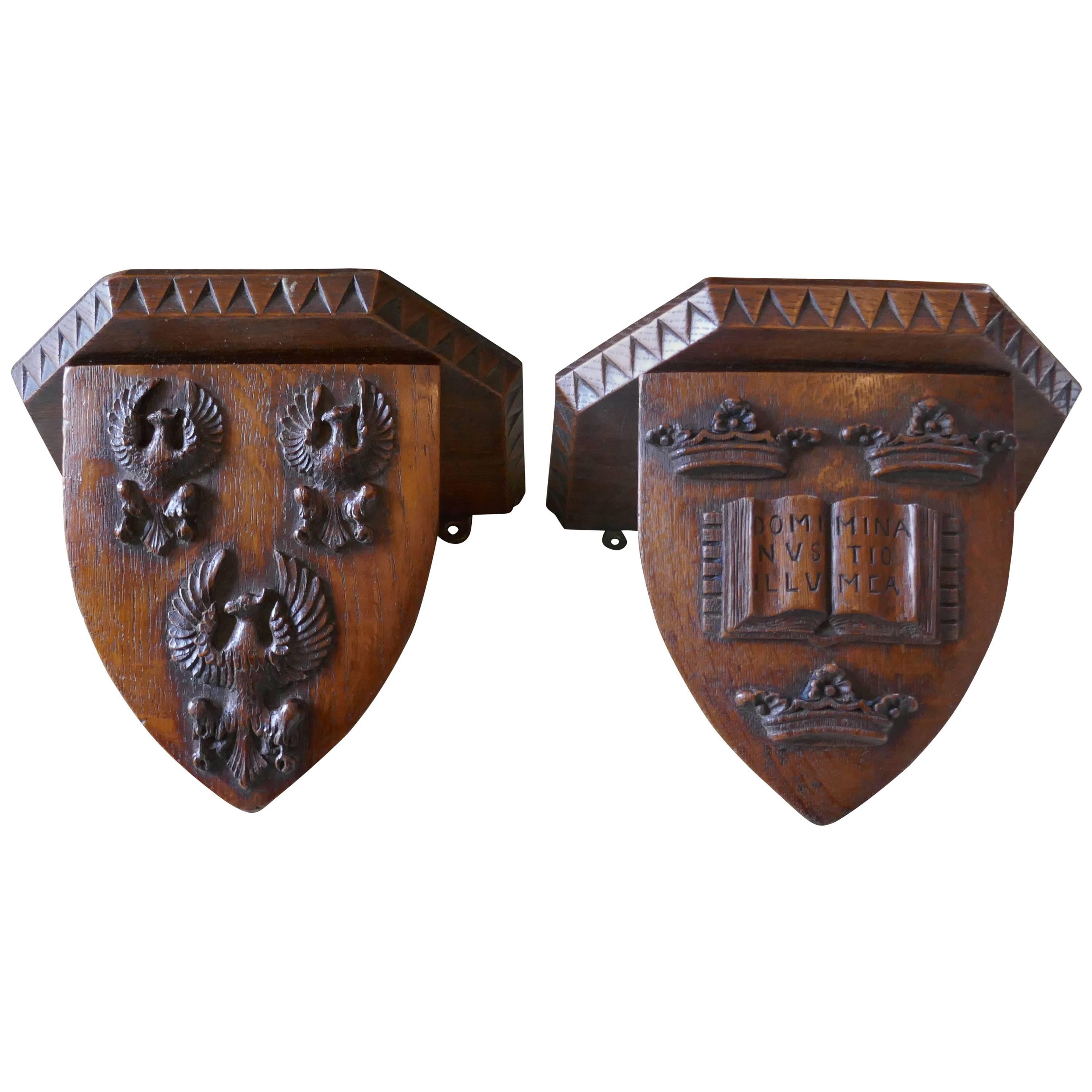 Pair of 19th Century Carved Oak Wall Brackets, Armorial Crests