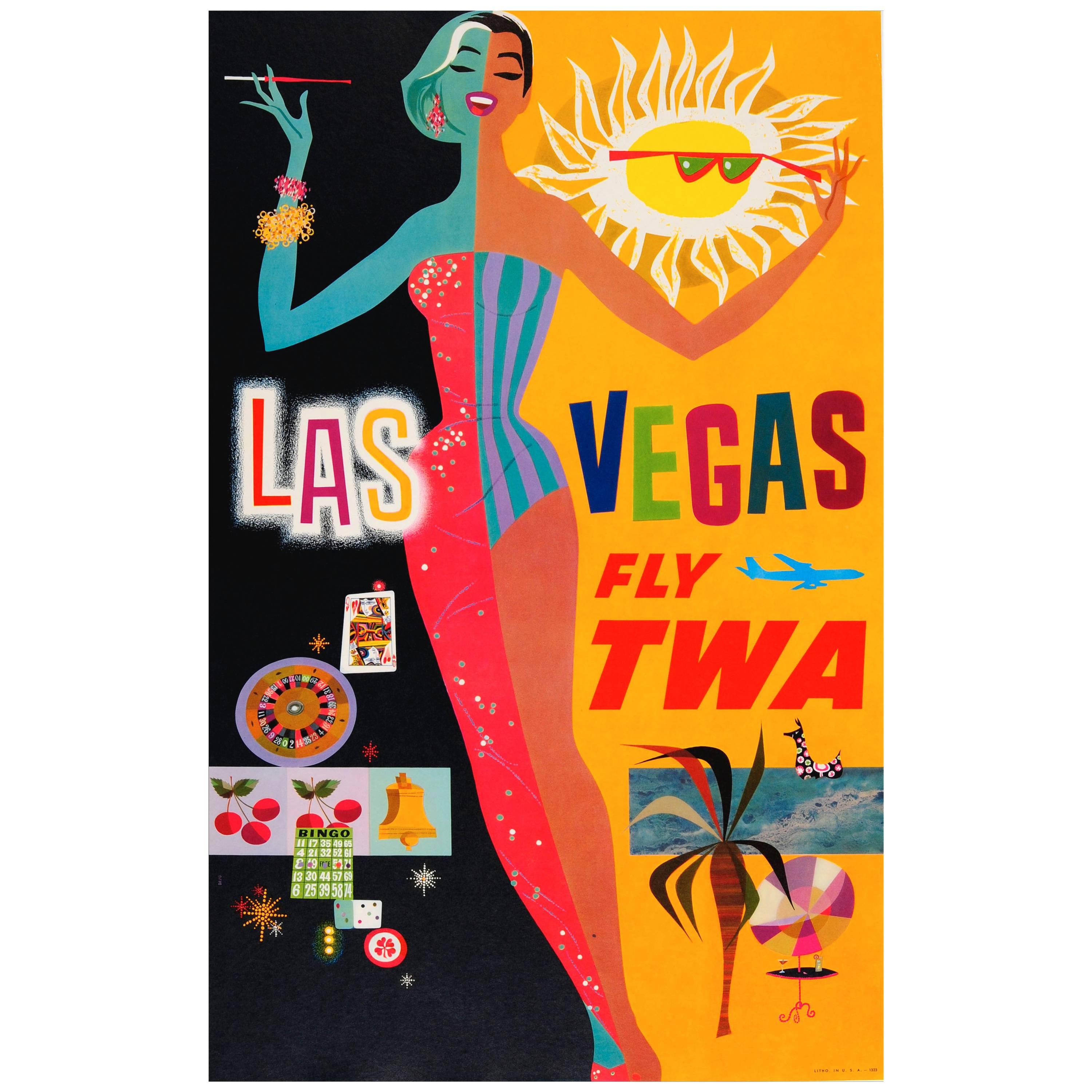 Original Vintage Trans World Airlines Poster by David Klein "Las Vegas Fly TWA"