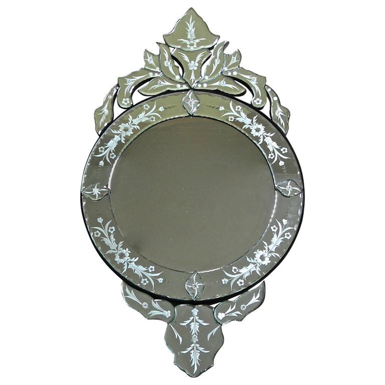 Vintage Etched Glass Circular Wall Mirror For Sale at 1stdibs