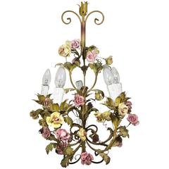 Vintage Mid-Century Italian Floral Tole Chandelier with Porcelain Flowers