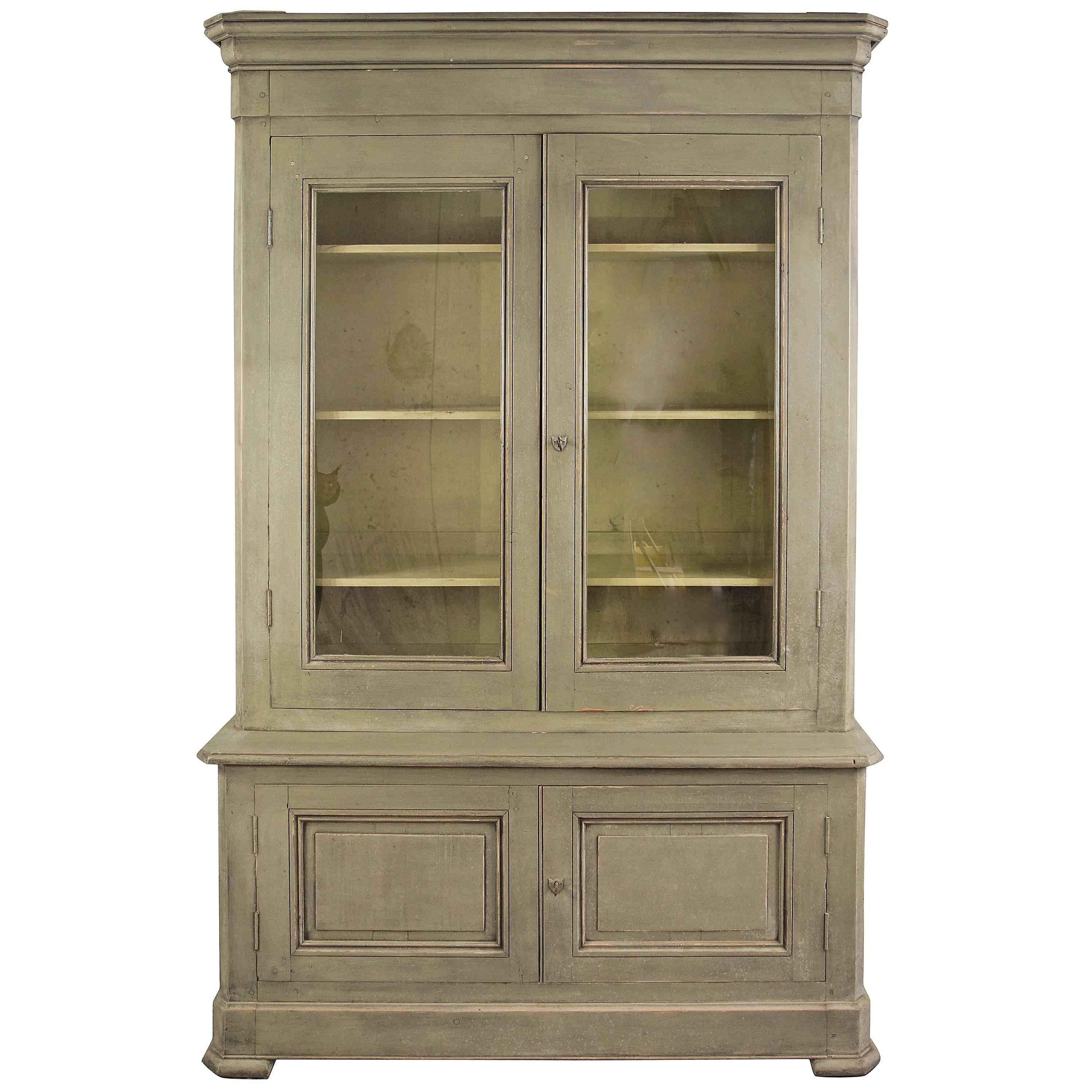 19th Century French Painted Pine Cupboard Bookcase Dresser Display Cabinet  For Sale