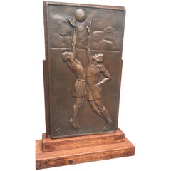 Antique Stunning Art Deco Bronze Basketball Plaque Table or Desk Piece on Solid Oak Base