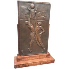 Stunning Art Deco Bronze Basketball Plaque Table or Desk Piece on Solid Oak Base 8