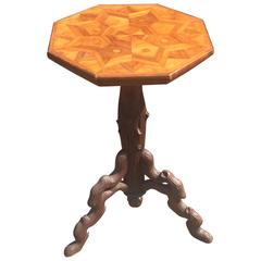 Antique Carved Wooden Tripod Wine Table or Plant Stand with Marquetry Inlaid Top 2