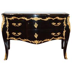 Louis XV Style Black Laquered Commode with Bronze Details and Marble Top