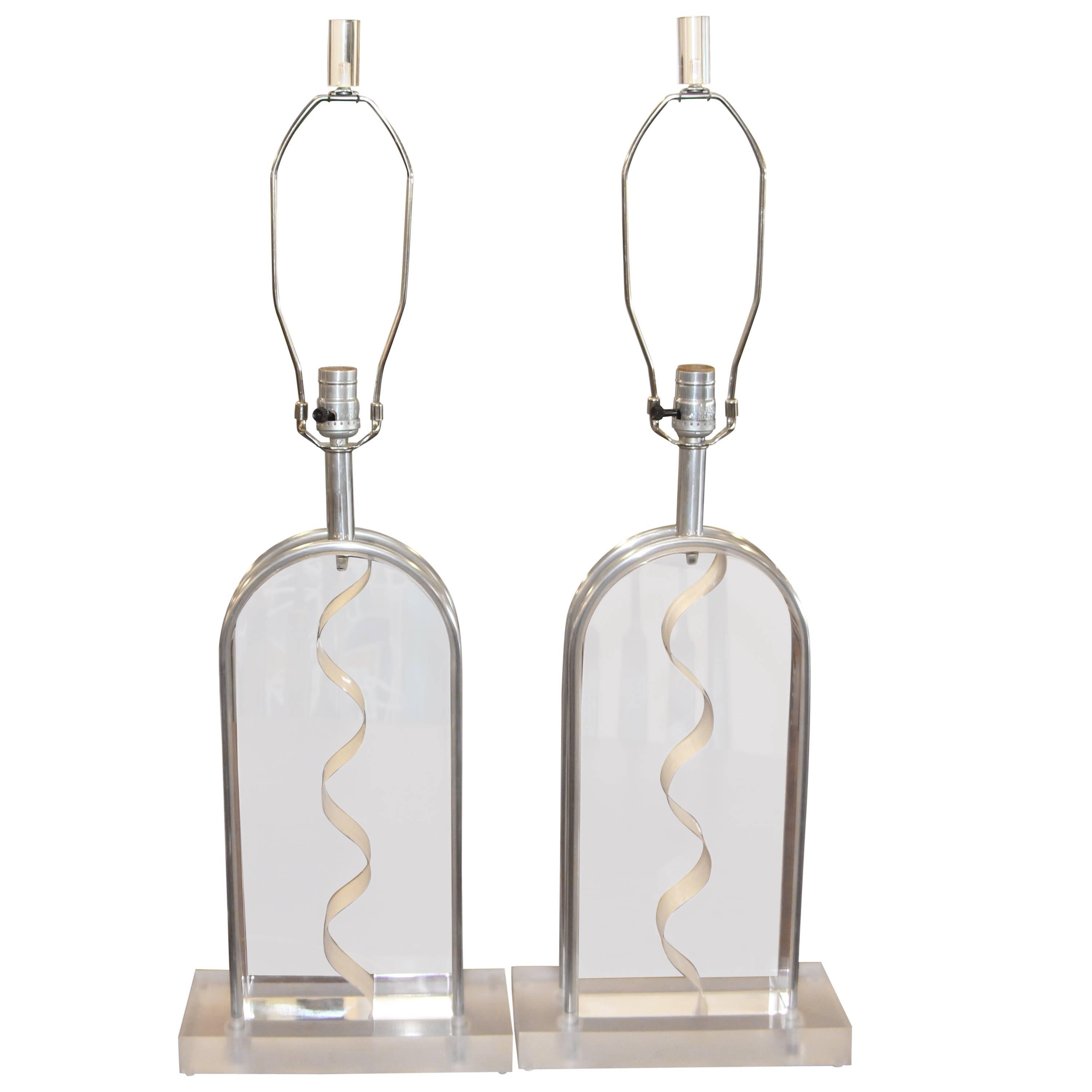Nice Unusual Pair of Lucite and Metal Lamps