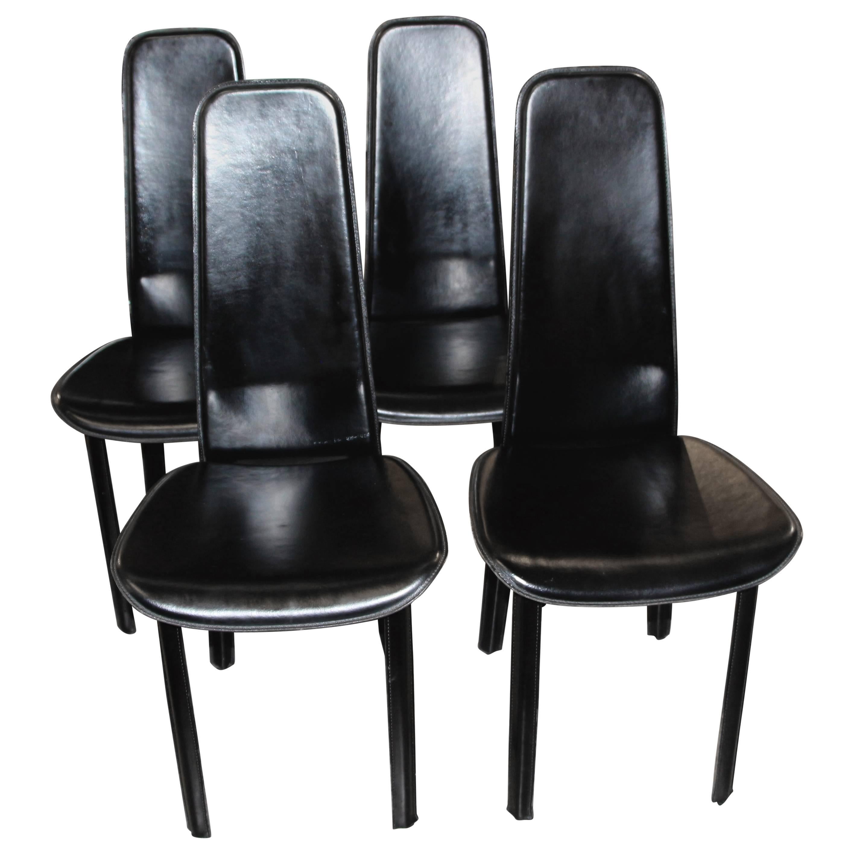 Set of Four Cidue Italian Black Leather Chairs