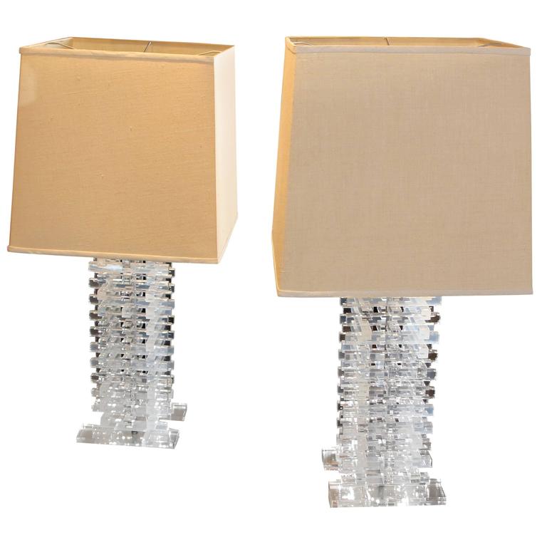 Nice Lucite Stacked Stick Lamps with Nice Shades at 1stDibs