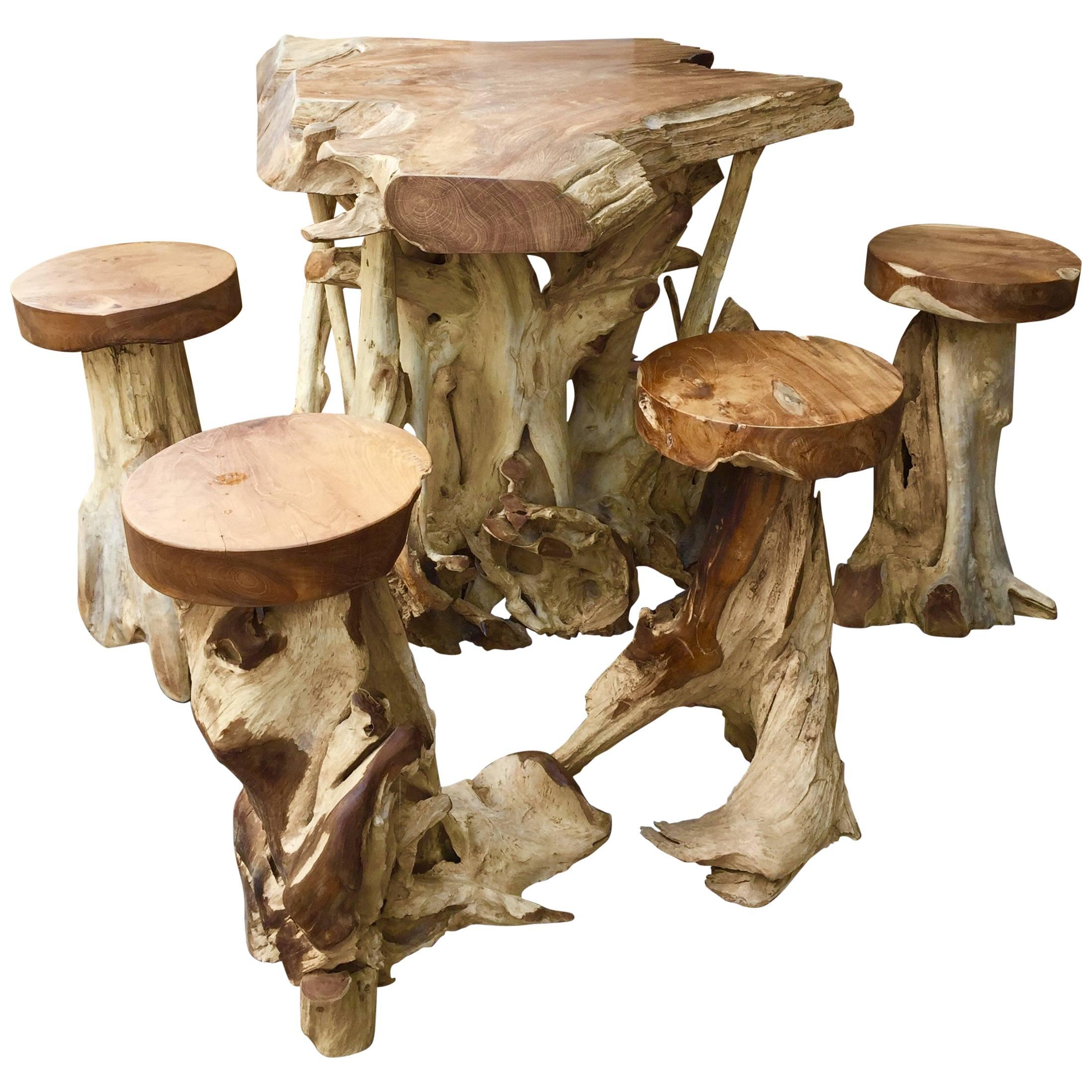 Very Unique High Table and Stools Made from Ancient Teak Root