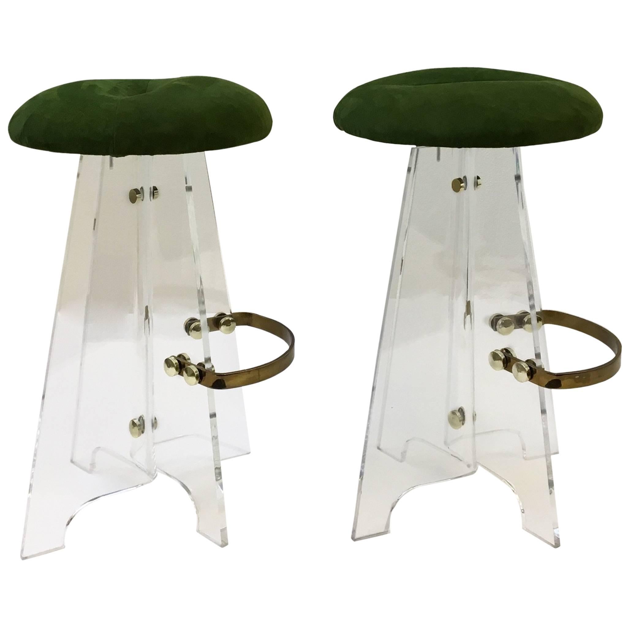 Pair of Acrylic and Suede Leather Swivel Barstools