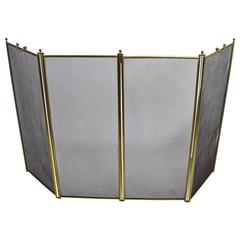Antique Four Panel Folding Screen Brass Frame with Black Mesh