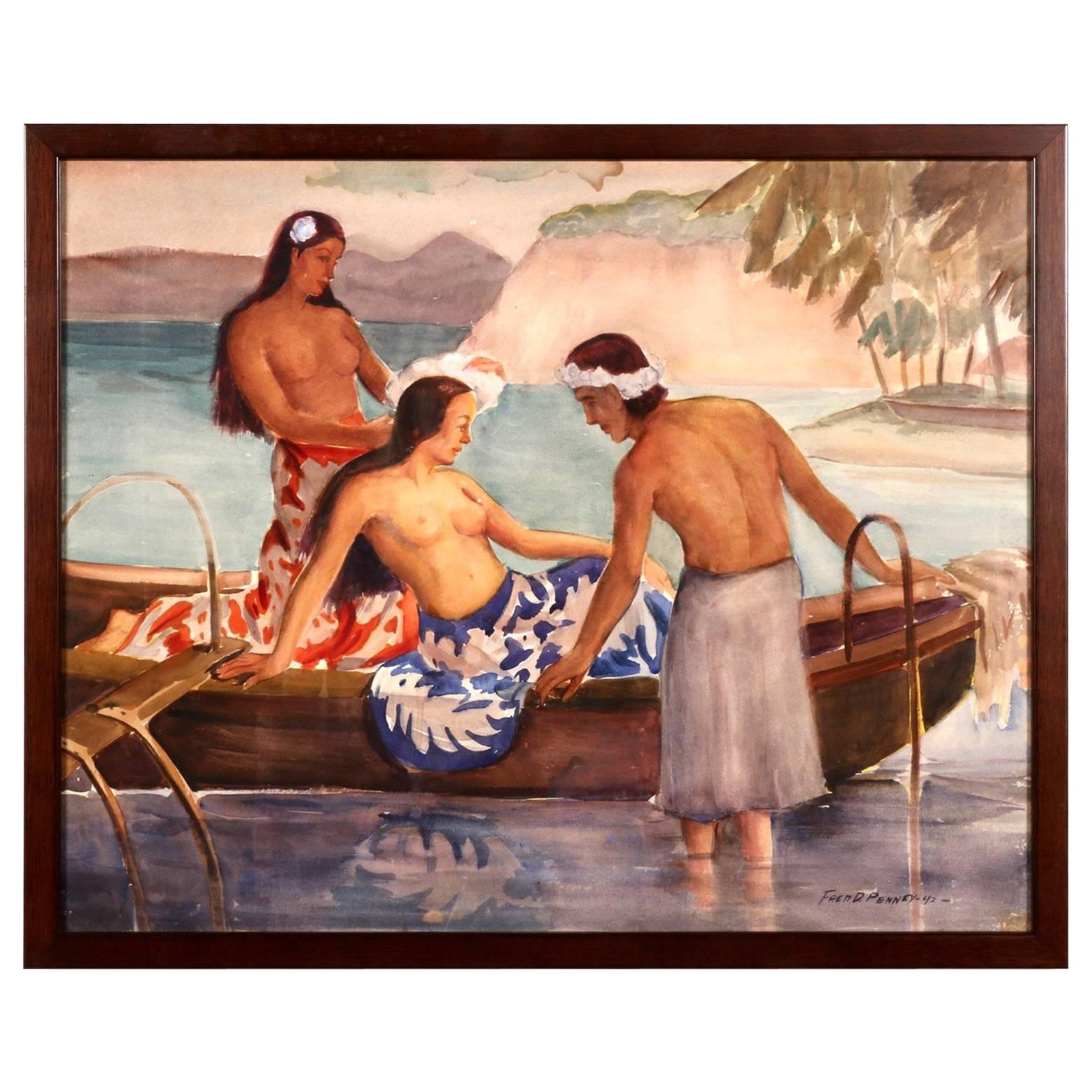 Hawaiian, Polynesian Watercolor Painting by Fred D. Penney, 1942 For Sale