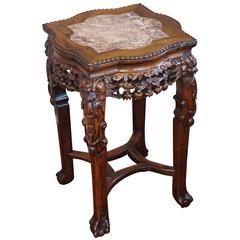 Antique Carved & Signed Chinese Rosewood & Marble Inlaid Plant Stand / End Table 3