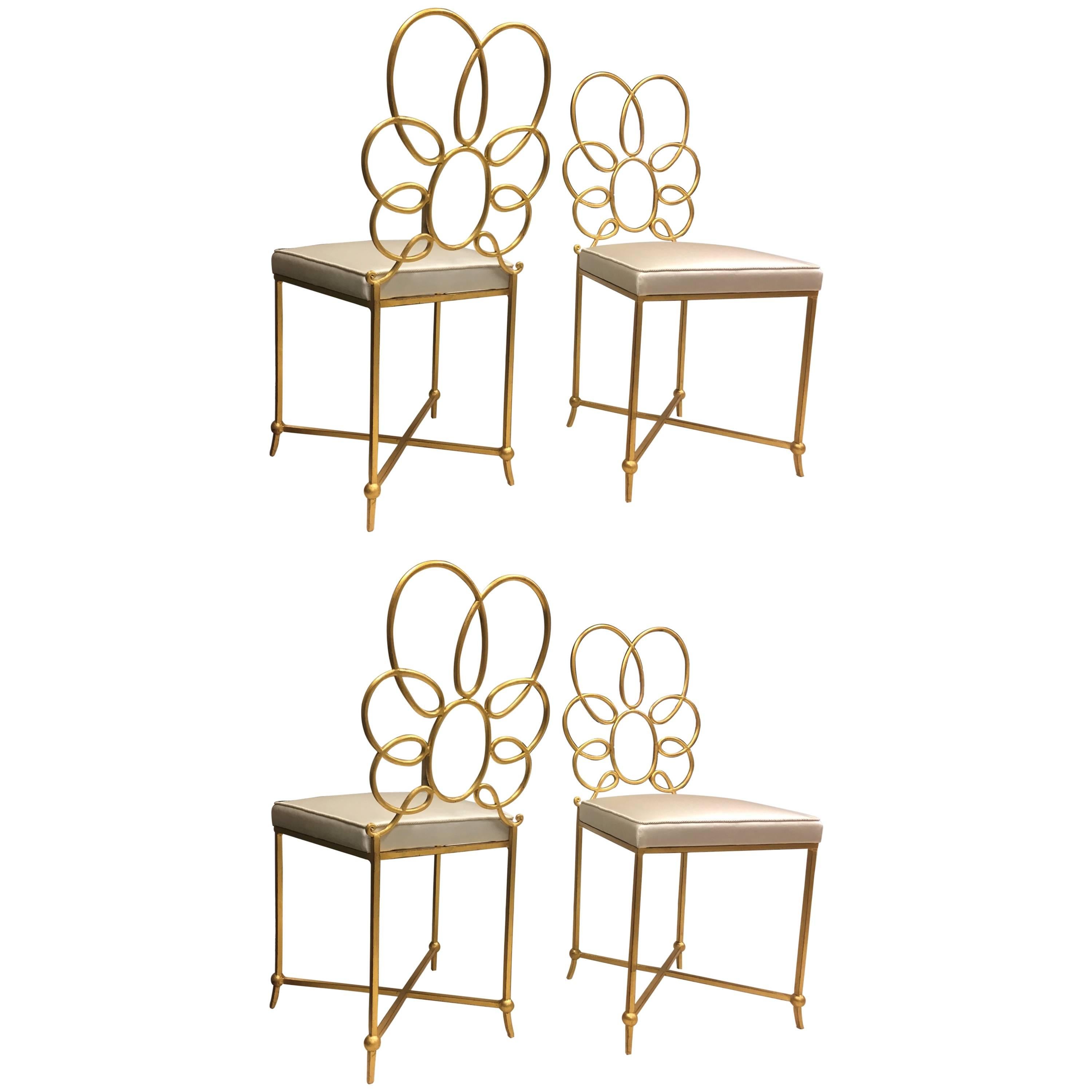 Rene Prou Rare Superb Witty Four-Flower Gold Leaf Wrought Iron Chairs in Silk For Sale