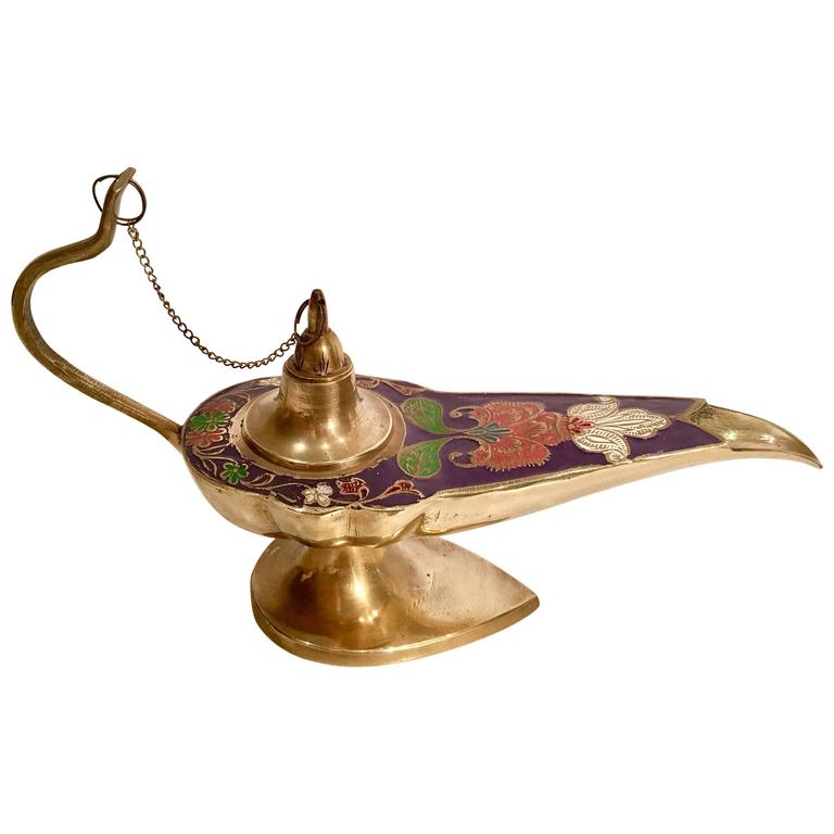 MidCentury Brass and Cloisonne Genie Oil Lamp, Incense Burner at