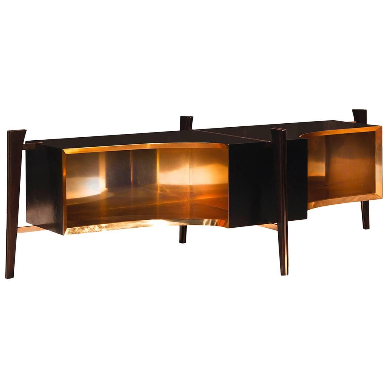 Mid-Century Inspired Wood Console with Brass Lined Interior and Inlay Detail