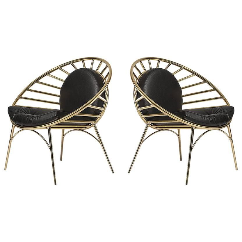 Hollywood Regency Style Tubular Brass and Leather Lounge Cocktail Chairs