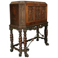 Antique Hand-Painted and Carved Jacobean Style Figural Drop Front Desk
