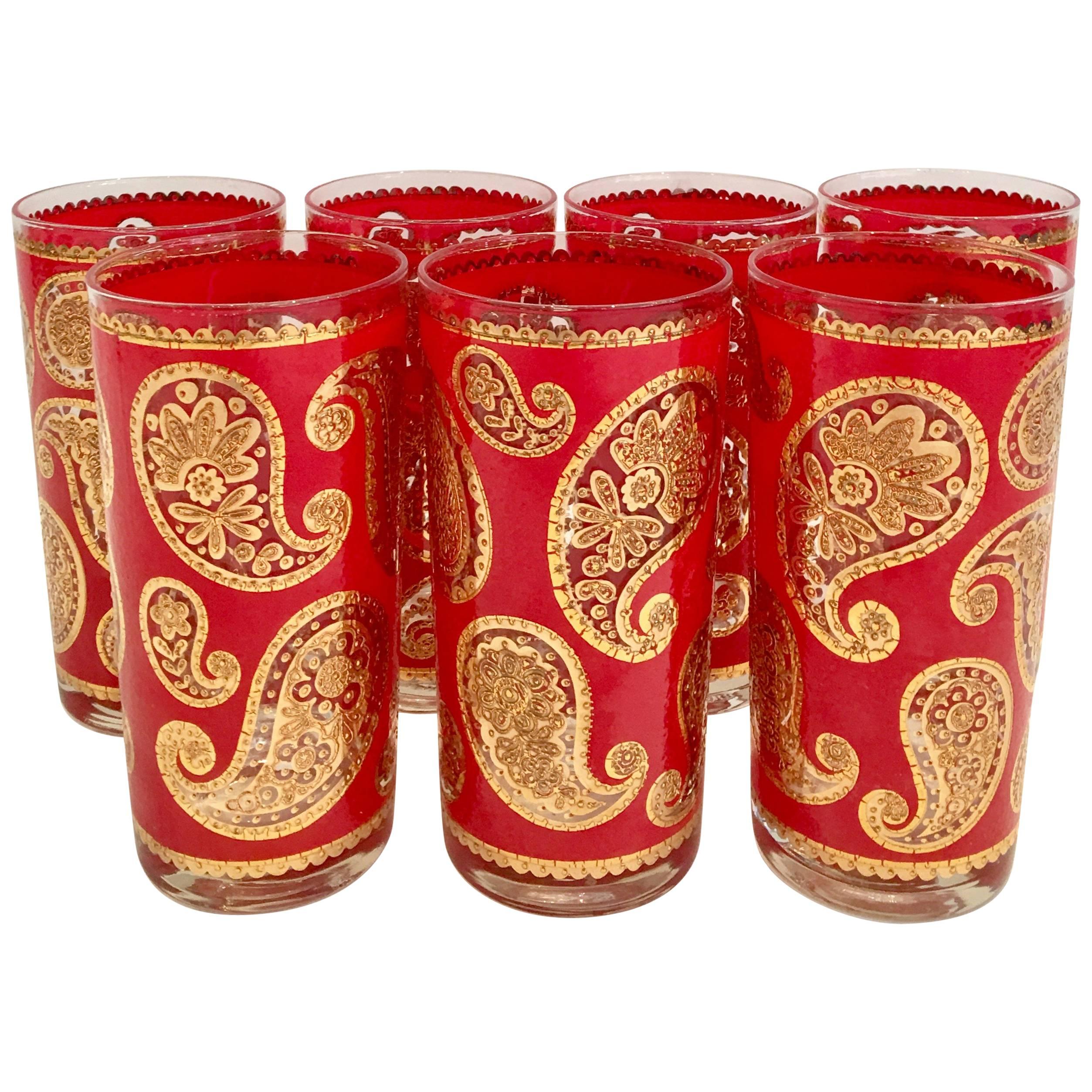 1960s Culver Red and 22-Karat Gold Paisley High Ball Glasses Set of Seven