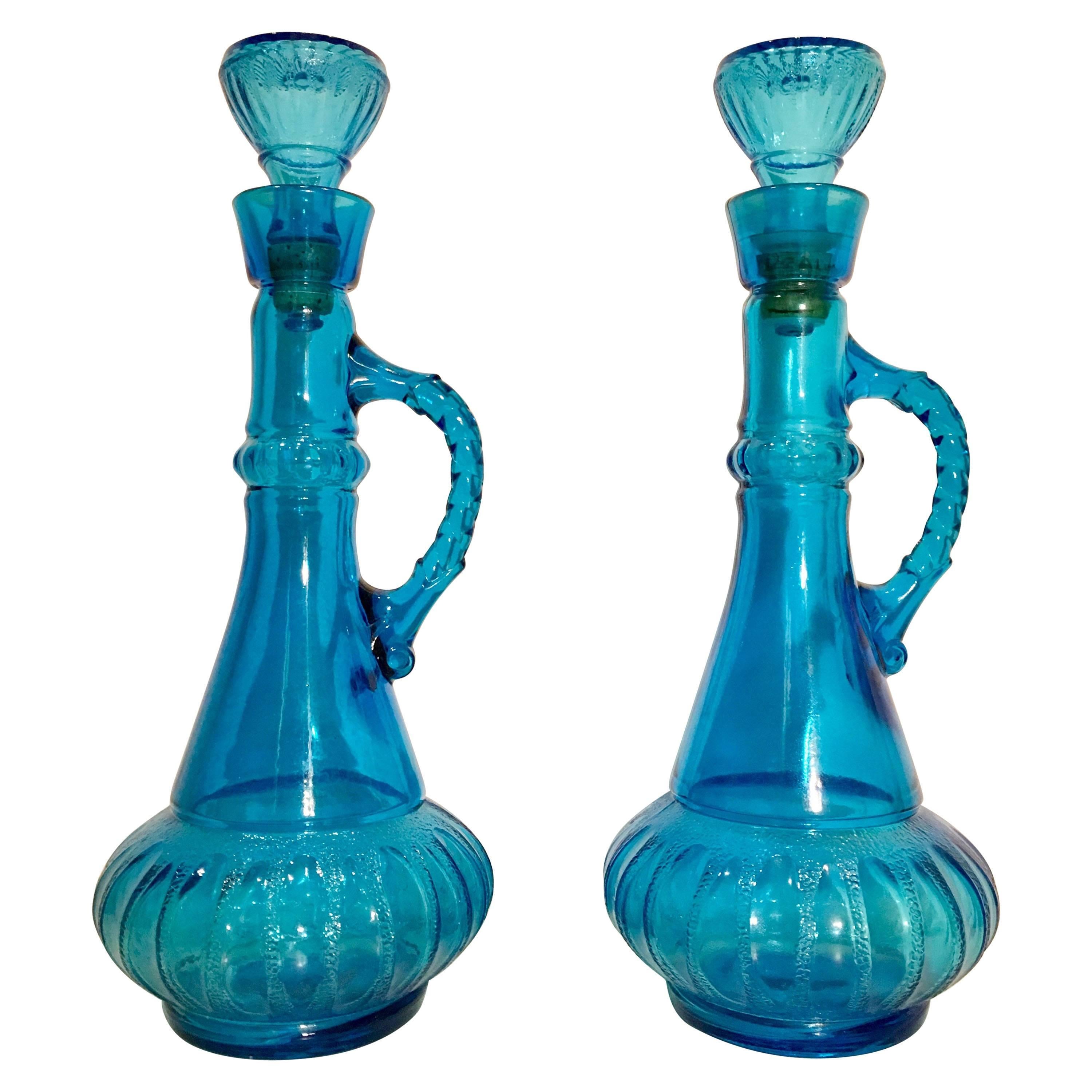 Pair of Vintage Azure Blue Cut-Glass Jim Beam "Genie" Decanters