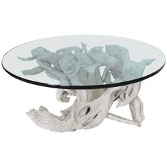 Large Sculptural Driftwood with White Gesso Coffee Table Round Glass Top