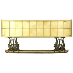 Vintage Bar Cabinet Wood Sheepskin Parchment and Marble, Italy, 1940s