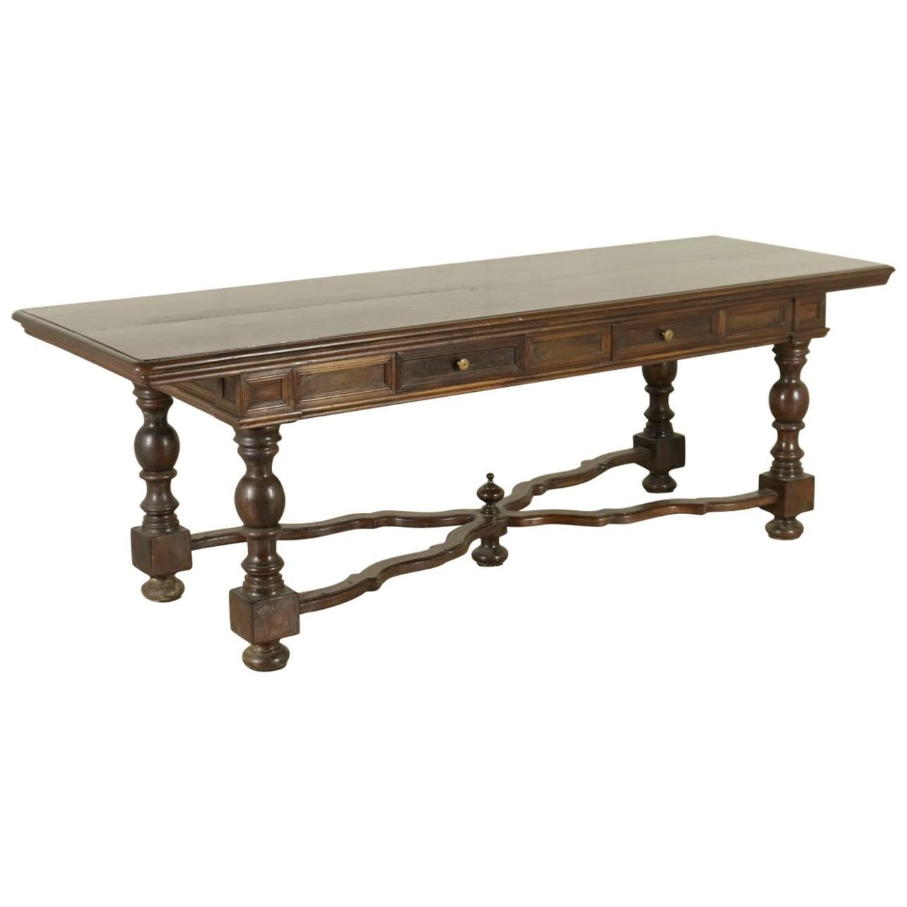 Large Walnut Table Turned Legs and Shaped Cross Stretcher, Italy, 20th Century