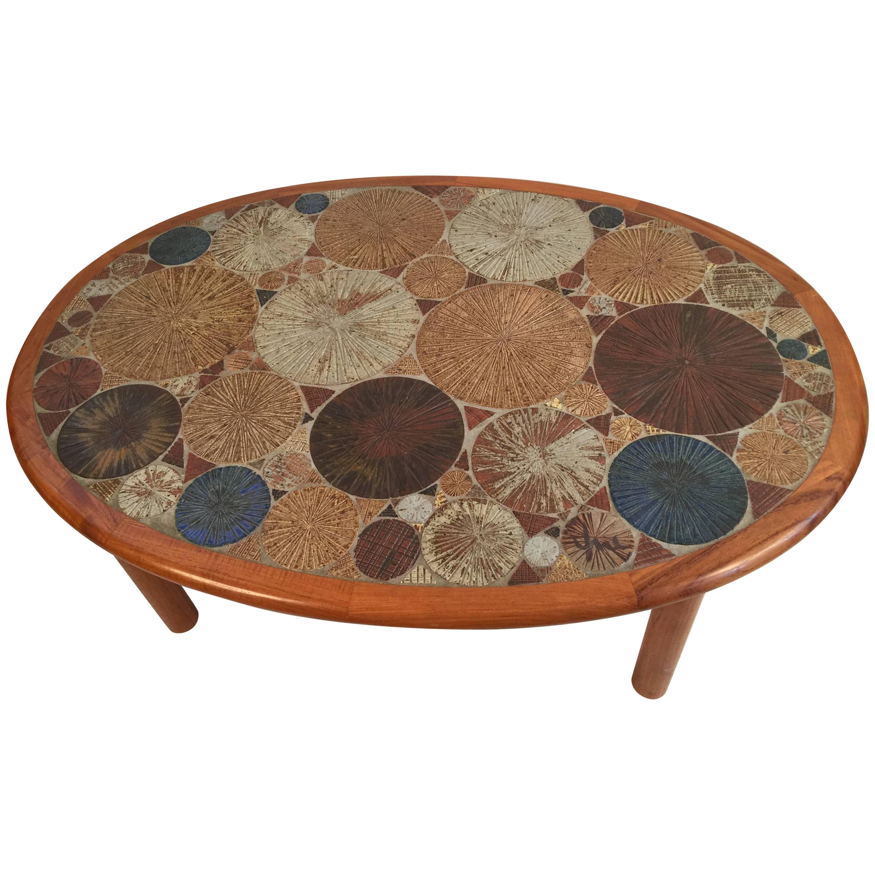 Tue Poulsen for Haslev Oval Coffee Table with Art Tile Inlay