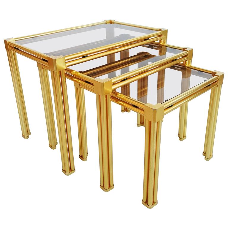 French Br And Smoked Gl Nesting Tables 1970s For At 1stdibs French Br And Smoked Gl Nesting Tables 1970s For