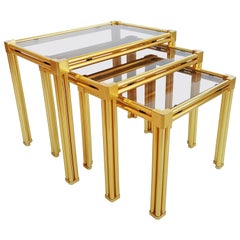 Vintage French Brass and Smoked Glass Nesting Tables, 1970s