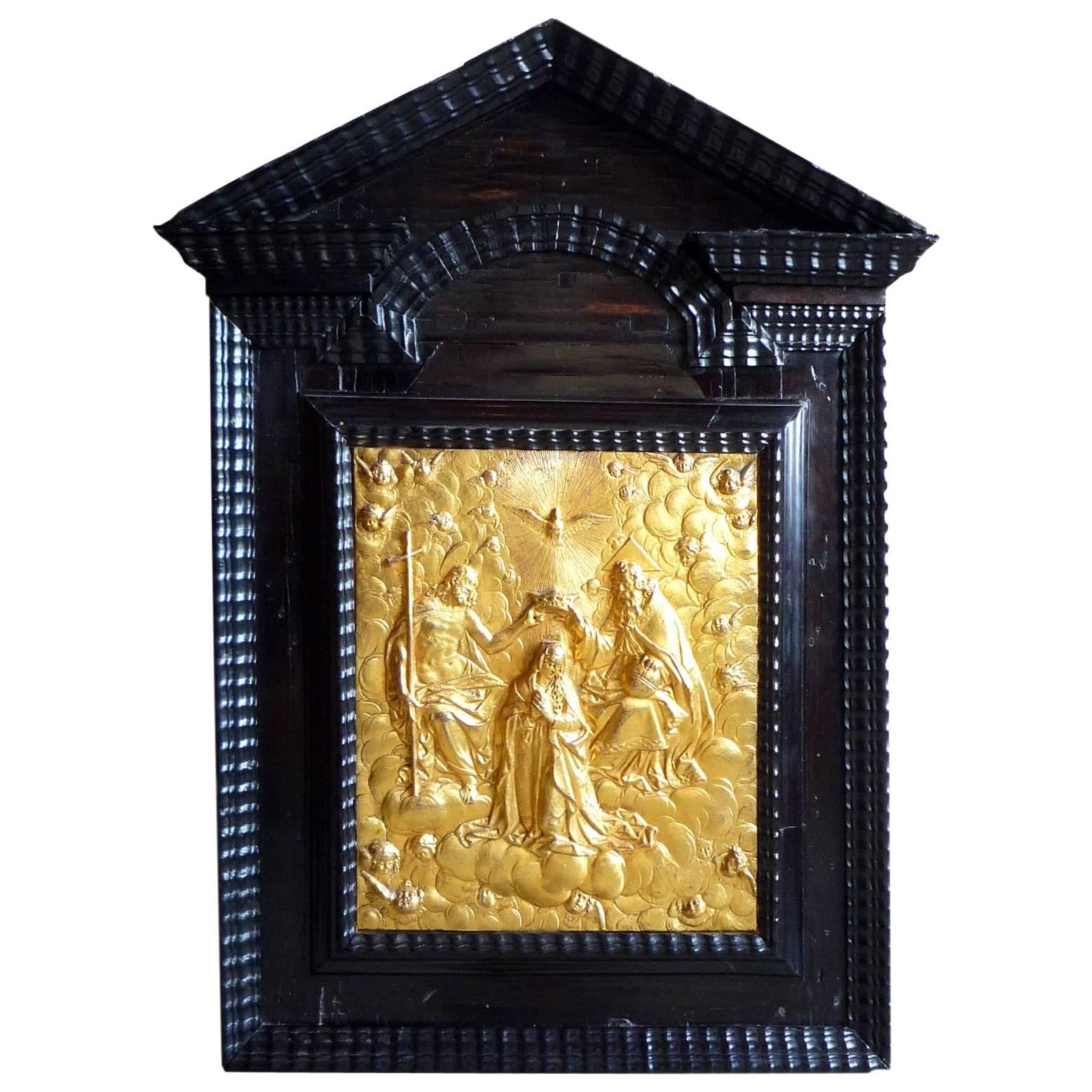 Italian Renaissance Chiselled Gilt Bronze Plaque, Coronation of the Virgin For Sale
